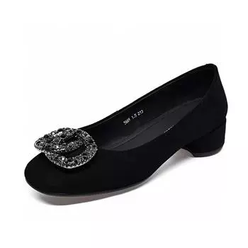 Shallow single shoes women s spring new simple temperament black ladyshoes rhinestone one pedal low-heeled women s shoes 34