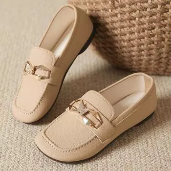 Shallow Slip-on Loafers Fashion Metal Decoration Women Shoes Butterfly Decoration Ladies Flats Round Toe Crystal Casual Shoe New 35 бежевый