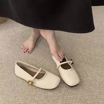 Shallow soft-soled single shoes one-word year-round head new Mary Jane shoes 2025 commuting early autumn versatile flat-soled women s shoelaces 35 абрикосовый