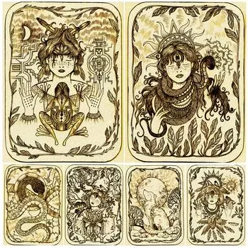 Шаманская ведьма, лягушка, черная змея, ретро настенная живопись маслом, растение, сердце ведьмы, художественный постер 21cm30cm NoFrame