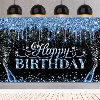 Шампанское Синий Золотой Тема С Днем Рождения Фон Блестящий Шар Мужчины Женщины День Рождения Украшения Домашний Фон Фотографии