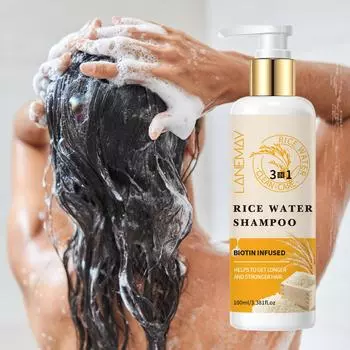 Шампунь 3 в 1 на основе рисовой воды — Укрепление и увлажнение поврежденных волос — Очищение и питание кожи головы — Подходит для всех типов волос