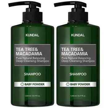 Шампунь для глубокого очищения Kundal Tea Tree & Macadamia с ароматом детской присыпки, 1,058 л, 2 шт.