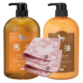 Шампунь и средство для лечения лошадиным маслом Azuma Shoji Horse Oil Tabibijin, набор из 2 флаконов [в комплекте 2 носовых платка-полотенца Imabari] (Цветочный узор)