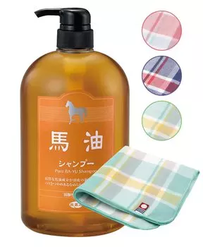 Шампунь на основе конского масла Azuma Shoji Tabibijin слабокислотный неокрашенный 1000 мл бутылка с полотенцем Imabari [в комплекте носовой платок] (Клетчатый узор)