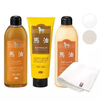 Шампунь с конским маслом Azuma Shoji, средство для ухода за телом с конским маслом, мыло для тела с конским маслом, набор из 3 предметов Tabibijin, в коробке [включает носовой платок-полотенце Imabari] (гладкий)