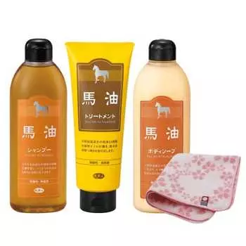 Шампунь с конским маслом Azuma Shoji, средство для ухода за телом с конским маслом, мыло для тела с конским маслом, набор из 3 предметов Tabibijin, в коробке [включает носовой платок-полотенце Imabari] (Цветочный Па