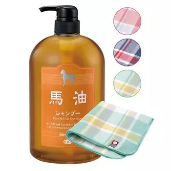 Шампунь с конским маслом Azuma Shoji Tabibijin слабокислотный, неокрашенный, бутылка 1000 мл [в комплекте с носовым платком-полотенцем Imabari] (Клетчатый узор)