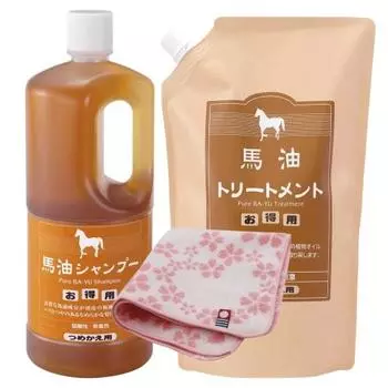 Шампунь с лошадиным маслом Azuma Shoji и уход за лошадиным маслом Tabibijin Value, набор из 2 шт. [Включает носовой платок-полотенце Имабари] (Цветочный узор)