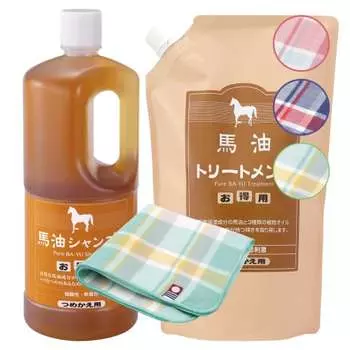 Шампунь с лошадиным маслом Azuma Shoji и уход за лошадиным маслом Tabibijin Value, набор из 2 шт. [Включает носовой платок-полотенце Имабари] (Клетчатый узор)