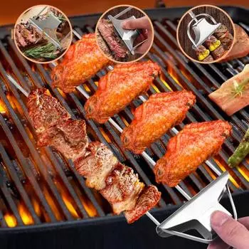 Шампуры для гриля из нержавеющей стали Палочки для шашлыка для барбекю с ползунками-толкателями Металлические шампуры с 3 зубцами для мяса, овощей, фруктов, зефира серебряный