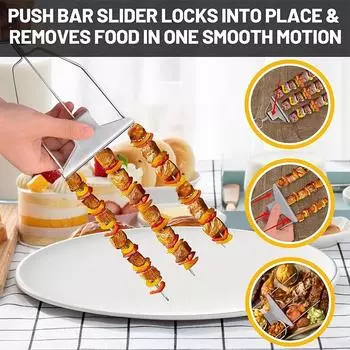 Шампуры из нержавеющей стали для барбекю, трехголовая вилка для мяса с толкателем, U-образная вилка для пайки барбекю, игла, палочки для гриля на открытом воздухе серебряный