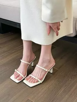 Shangsi, French blogger, white square head high heels for women s 2025 summer new stiletto with sandals 35