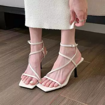 Shangsi, gentle to shine! Milky white square head thin strap sandals women s summer 2025 new high heels 35