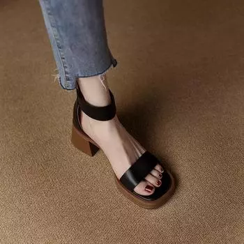 Shangsi original, French retro~ waterproof table with sandals women s 2025 summer brown thick high heels 34 чёрный