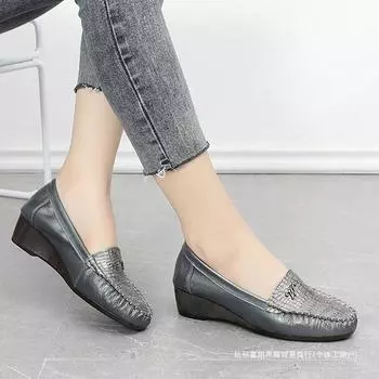 Шанхайский цветочный бренд женской обуви, туфли для мам, туфли на среднем каблуке, мягкая подошва, круглая носовая часть, кожаные туфли среднего возраста, туфли на танкетке 34 серебряный серый