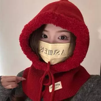 Шапка-балаклава женская зимняя Красная Шапочка шерстяной шарф интегрированный большой обхват головы утолщенная теплая вязаная шапка average size (56-58cm) красный