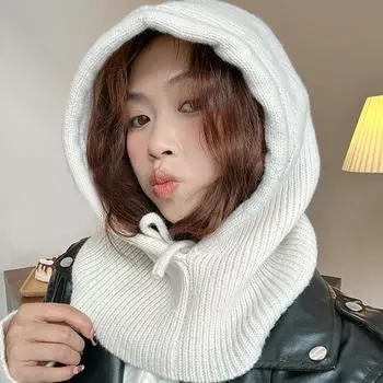 Шапка-балаклава женская зимняя модная теплая шапка-шарф интегрированная защита ушей шерстяная вязаная шапка защита шеи бежевый