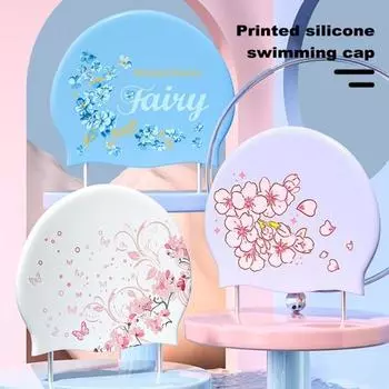 Шапка-бини для плавания, силиконовая водонепроницаемая, мягкая, высокоэластичная, нескользящая, с принтом, защитная шапка для ушей, спортивные шапочки для плавания для женщин B