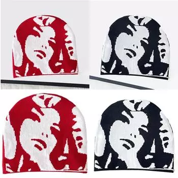 Шапка-бини для взрослых с рисунком человеческого портрета, эластичная зимняя теплая вязаная шапка, шапка-бини для студентов, подростков, велоспорта синий