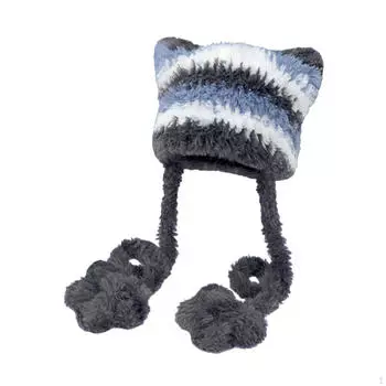 Шапка бини для женщин, плюшевая шапка, вязаная крючком стильная теплая зимняя шапка Blue and Gray