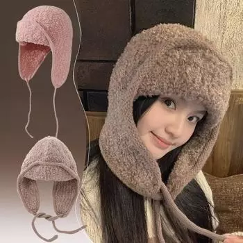 Шапка-бини для женщин, шапка-ушанка с ушами, теплая вязаная зимняя шапка-ушанка, уютные шапки-бомберы синий