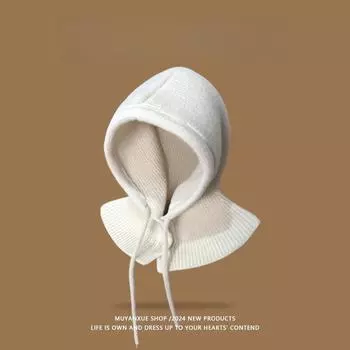 Шапка-бини Осенне-зимняя шапка Теплая Осенне-зимняя Затягивающаяся Шарф Один наушник Шерстяная Вязаная Трансграничная out Beige Don t pick the head circumference