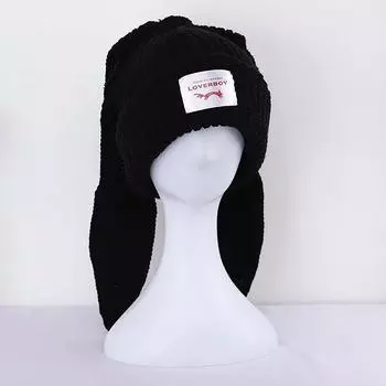 Шапка-бини с длинными ушками, вязаная шапка крючком, милая шапка с кроличьими ушками, шапки для женщин, зимние теплые шапки, теплые шапки чёрный