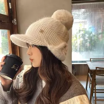 Шапка-бини с флисовой подкладкой и козырьком из трикотажной ткани, зимние шапки с полями для женщин, шапки-бини с помпоном для женщин One Size чёрный