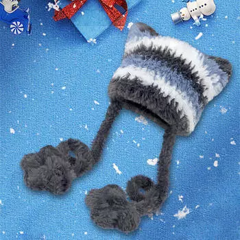 Шапка-бини с кошачьими ушками для женщин, удобная вязаная крючком шапка для лыжного спорта, повседневная вязаная Blue and Gray