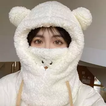 Шапка-бини с мультяшным медвежьим ушком и маской, теплая зимняя утолщенная защита ушей, осенние шапки-бини для женщин и девочек хаки