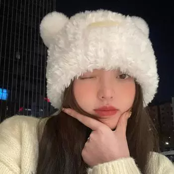 Шапка-бини с плюшевыми ушками медведя, зимняя, милая, теплая, утолщенная, вязаная шапка, корейская версия, милая, универсальная, для защиты ушей, женские шапки