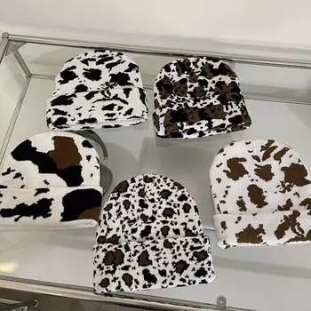 Шапка-бини с принтом молочной коровы, осень-зима, толстая теплая вязаная шапка унисекс с животным принтом, купольная шляпа с черепом, уличная одежда