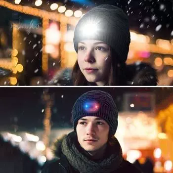 Шапка-бини со светодиодной подсветкой, однотонная, высокая эластичность, моющаяся, регулируемая по яркости, унисекс, зимняя теплая шапка с подсветкой чёрный