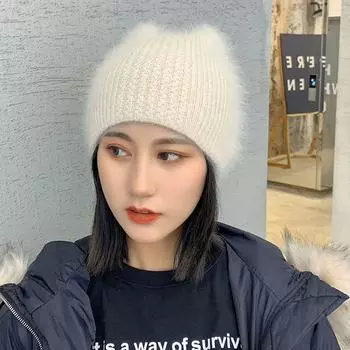 Шапка-чепчик Шапка-чепчик Женская кроличья мохнатая вязаная шапка кошачьи ушки Шапка женская теплая шапка бини белый
