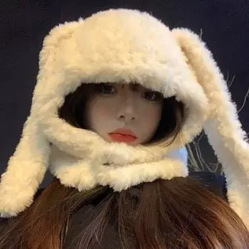 Шапка-череп с заячьими ушками, пушистая зимняя плюшевая шапка, модная шапочка с длинными ушами, зима/осень серый