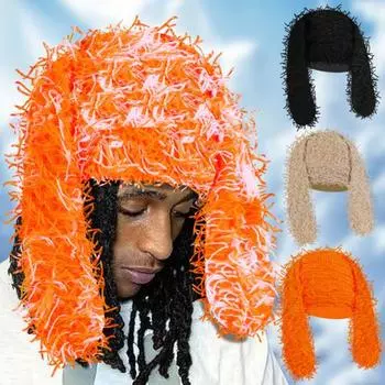 Шапка-череп в виде кролика, кроличьи уши, пушистая вязаная шапка, вязаная крючком шапка-кролик, пуловер, шапка-череп для косплея для мужчин и женщин, катание на лыжах, пеший туризм, велоспорт серый