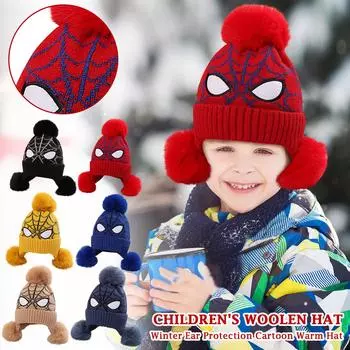 Шапка детская вязаная шапка зимняя три ушка мультяшный Человек-паук средняя и большая детская теплая вязаная шапка One Size хаки