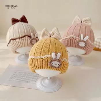 Шапка для девочки, зимняя, милая, принцесса, шерстяная шапка, детская, зимняя, утолщенная, теплая, вязаная шапка для девочки Reference age: 5-24 months (44-48cm) бежевый