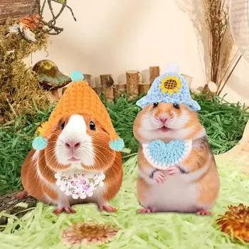 Шапка для хомяка Маленькая вязаная шапка для хомяка Набор бандан Регулируемый костюм для маленьких животных Аксессуары для хомяков Морские свинки F