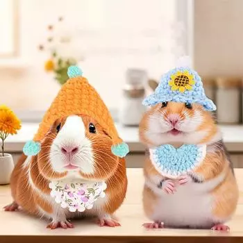 Шапка для хомяка Маленькая вязаная шапка для хомяка Набор бандан Регулируемый костюм для маленьких животных Аксессуары для хомяков Морские свинки B