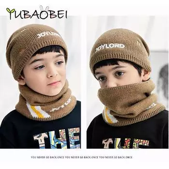 Шапка для мальчиков, зимняя теплая детская шерстяная шапка, бархатная утолщенная ветрозащитная шапка, пуловер, шарф хаки