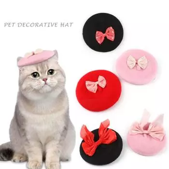 Шапка для питомца, шерстяной берет для кошки с бантом, регулируемый, удобный аксессуар для ежедневного ношения, реквизит для фотосъемки A