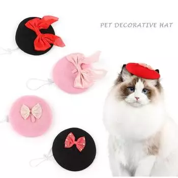 Шапка для питомца, шерстяной берет для кошки с бантом, регулируемый, удобный аксессуар для ежедневного ношения, реквизит для фотосъемки A
