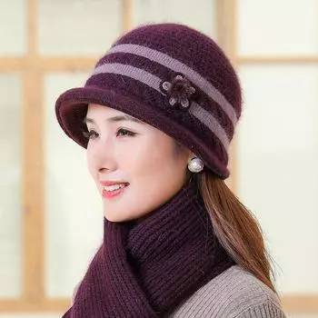 Шапка для пожилой матери среднего возраста с осенне-зимним темпераментом, модная простая шапка из меха кролика с толстым бархатным шарфом в комплекте Single Hat хаки