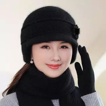 Шапка для пожилой матери среднего возраста, зимняя кроличья меховая вуаль с плюшевой изоляцией, защита ушей, ветрозащитная шляпа рыбака, модная шляпа бабушки Single hat чёрный