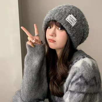 Шапка для женщин зимой большая окружность головы теплая шерстяная шапка маленькое лицо свободная защита ушей защита пальцев ног вязаная шапка one size