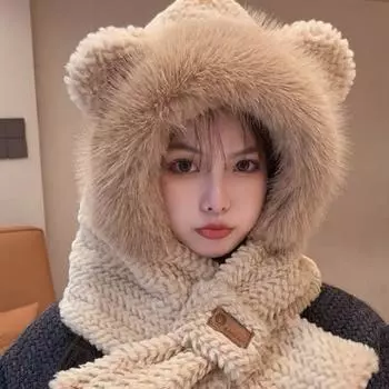 Шапка и шарф 2 в 1 для женщин, для зимнего велоспорта, сохраняют тепло, флис и утолщенный шарф, симпатичный комплект для защиты ушей от холода зимой белый