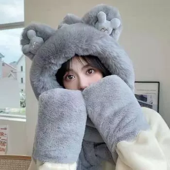 Шапка и шарф в одном. Женская универсальная и милая плюшевая шапка для зимы. Теплый и толстый, непромокаемый и ветрозащитный шарф с капюшоном для зимы. one size