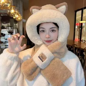 Шапка и шарф, женская зимняя универсальная симпатичная плюшевая шапка, теплый плюшевый утолщенный антифриз и ветрозащитный шарф с капюшоном